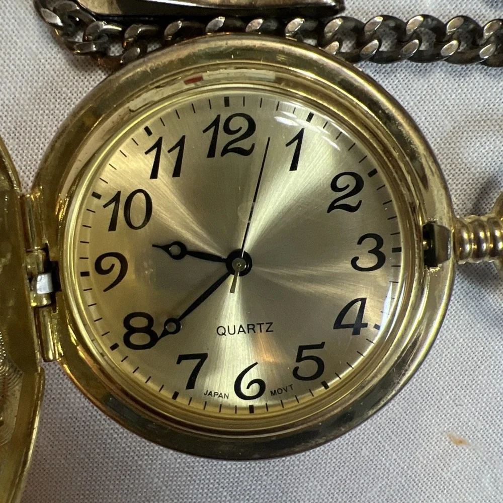 M.Z Berger Quartz‎ Pocket Watch Motorcycle Goldtone Biker Timepiece New Battery